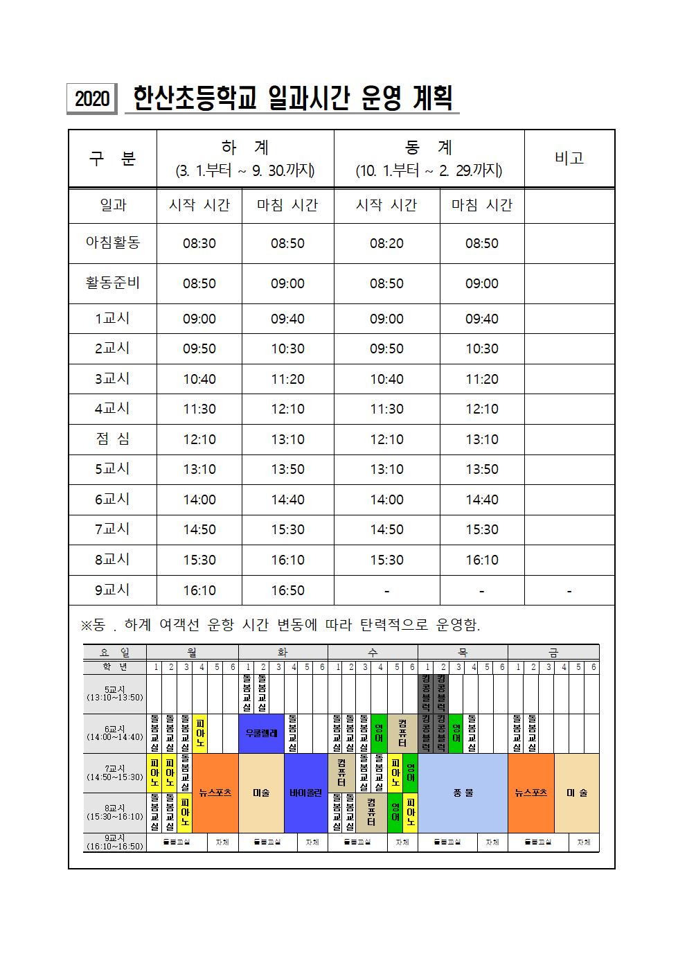 2020학년도 한산초등학교 일과운영 계획